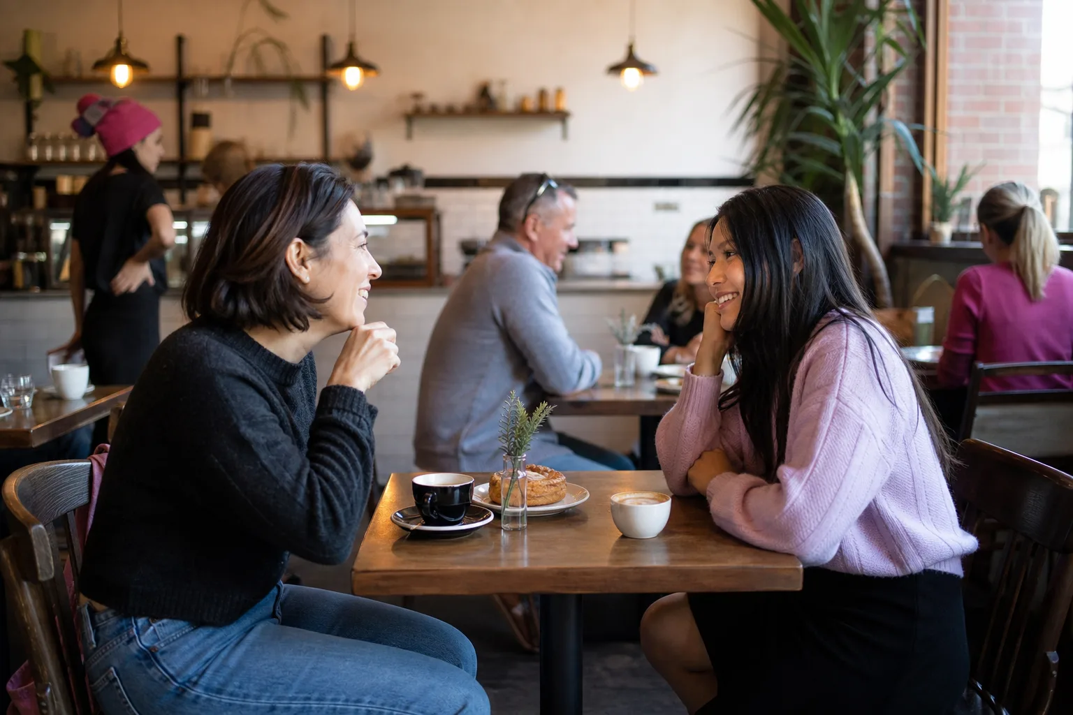 Two people chatting over coffee outdoors in central Dubbo