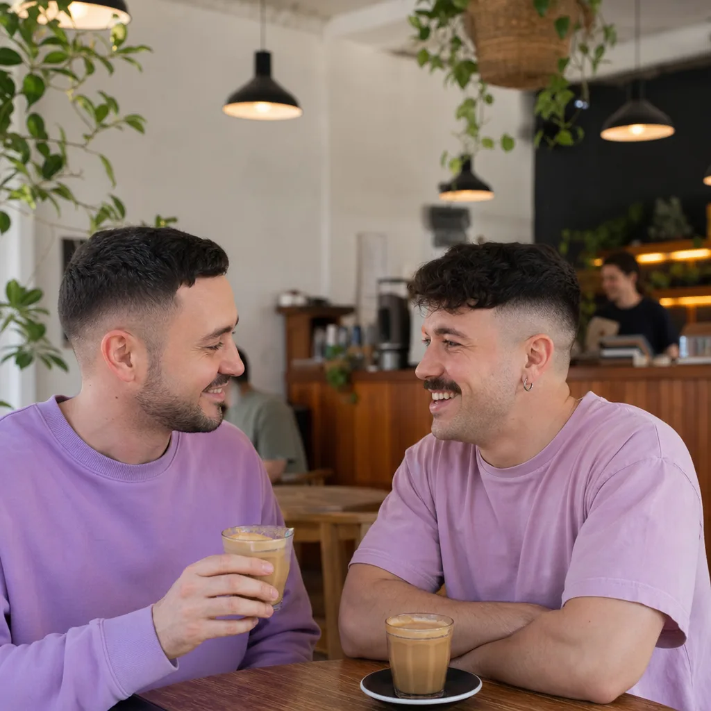 Gay couple sharing coffee at an outdoor table in central Dubbo