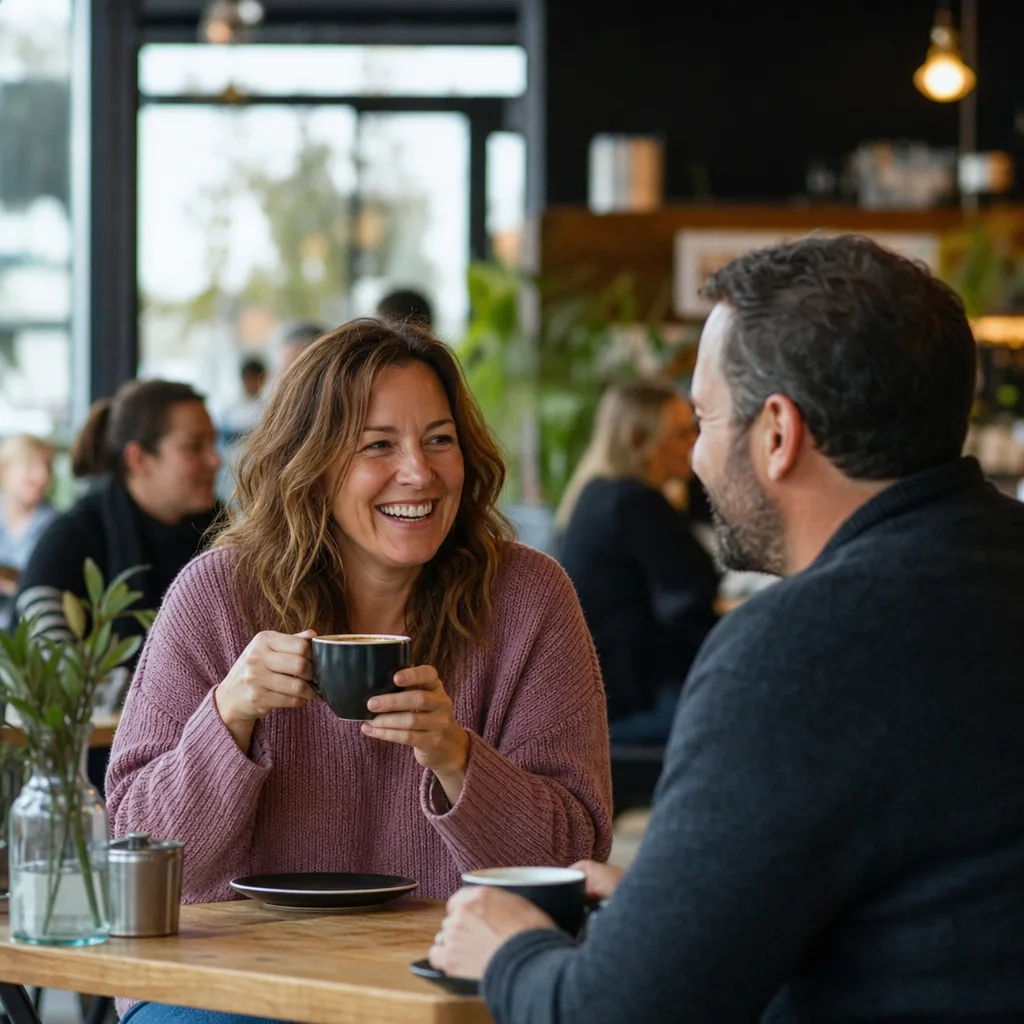 Two adults meeting at a busy public cafe in central Dubbo